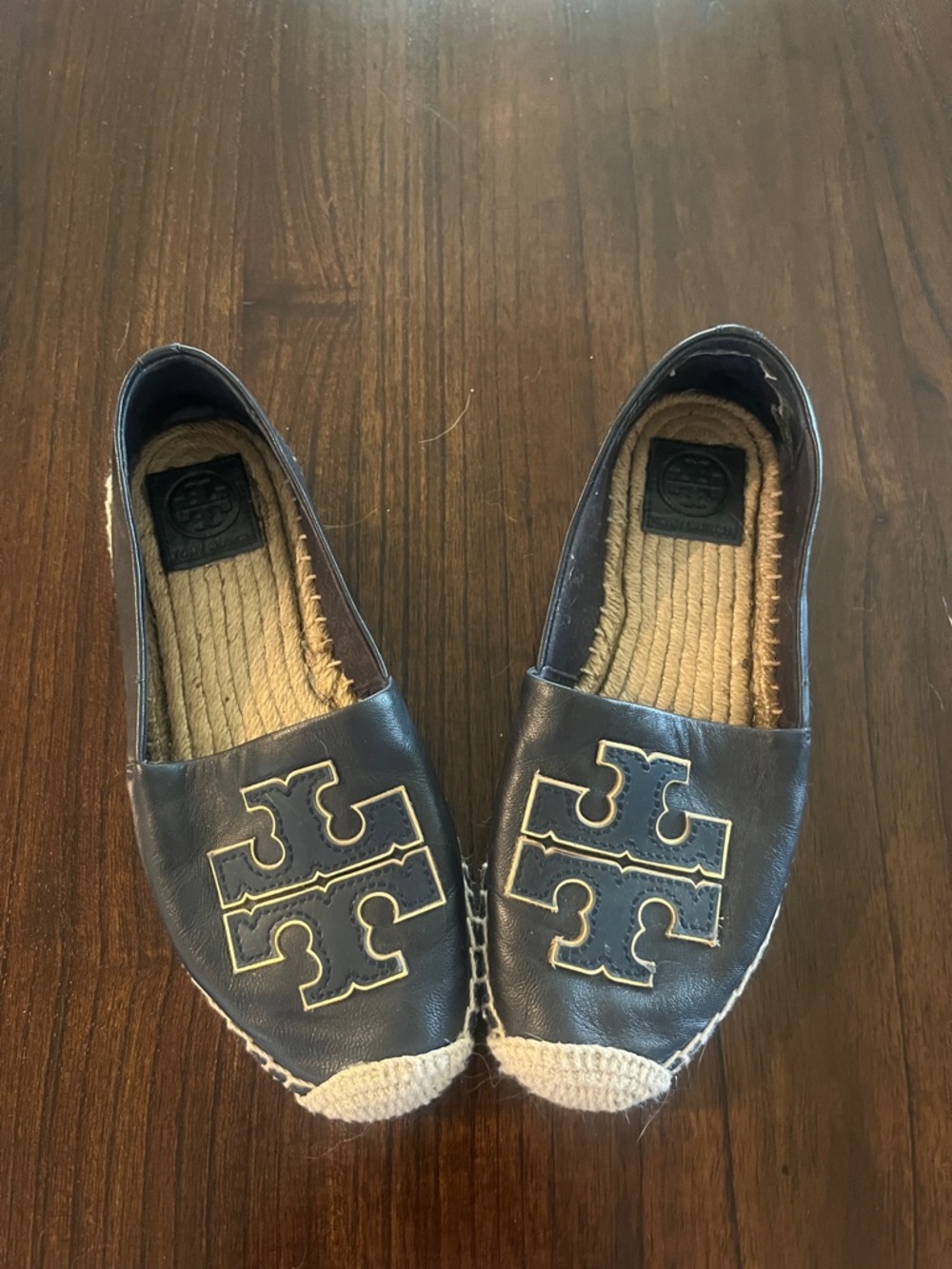 Tory Burch Black Leather Logo Espadrilles with Natural Jute Trim